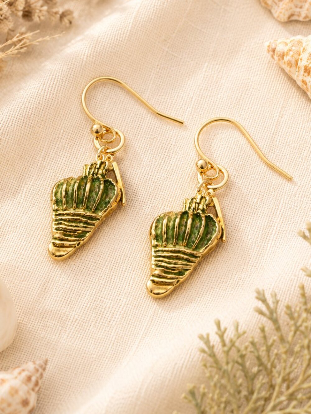 Green Enamel Conch Shell Dangle Earrings Gold Coastal Beach Ocean Jewelry